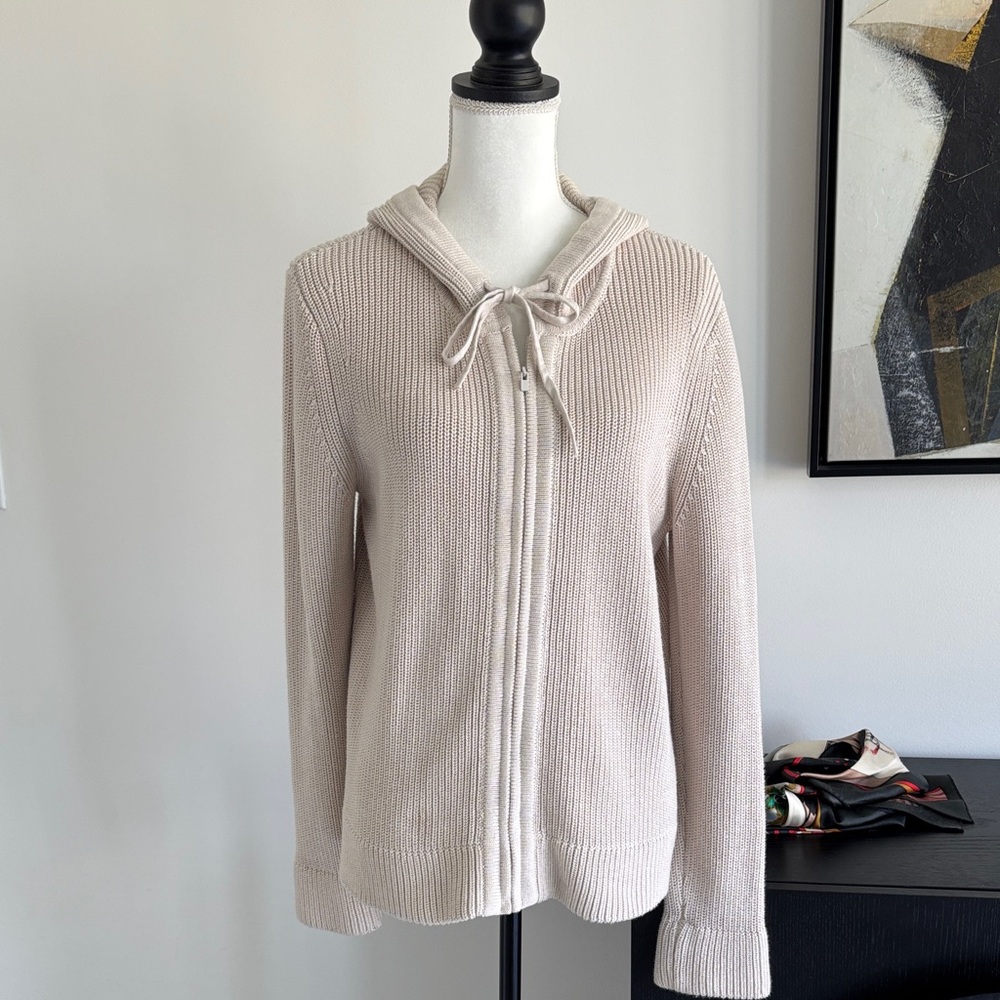 Pura Vida oatmeal Large - Hooded Zip Ribbed Cardigan. Fisherman’s zip up hoodie